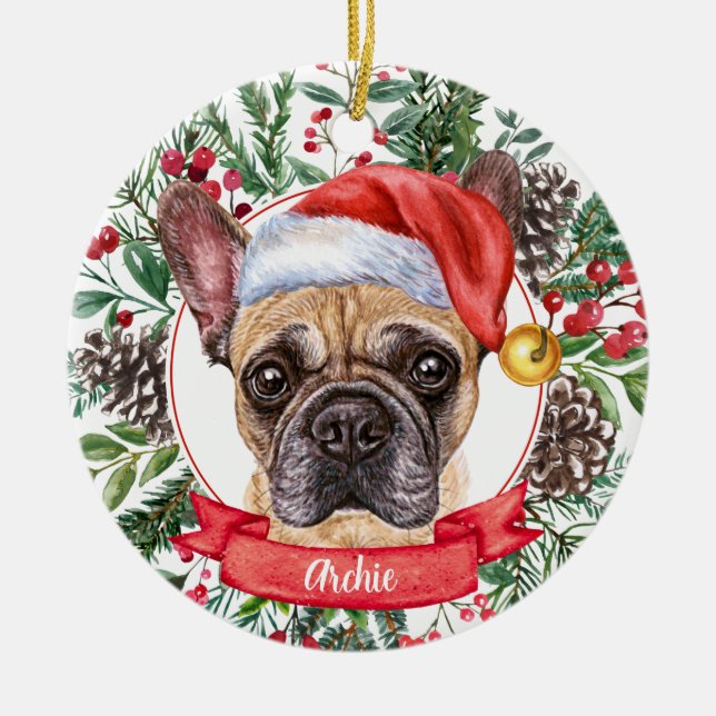 Brown Frenchie Custom Dog Santa Christmas Ornament (Front)