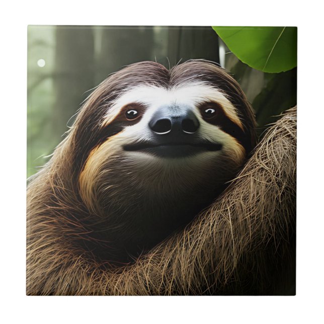 Brown Fuzzy Sloth, Ceramic Tile (Front)