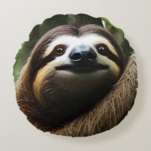 Brown Fuzzy Sloth, Photo Block Round Cushion