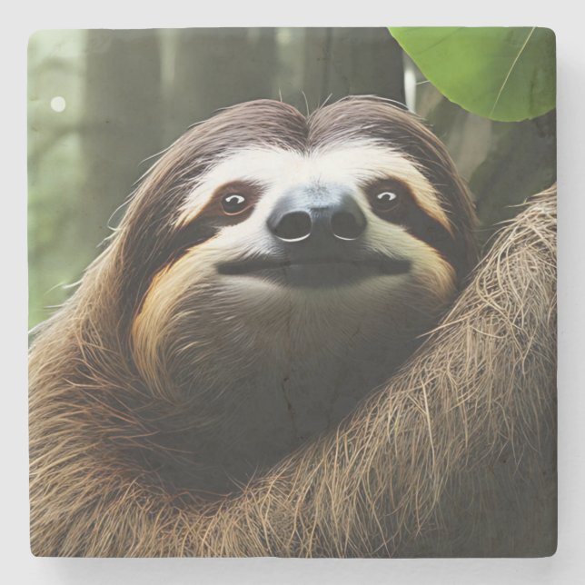 Brown Fuzzy Sloth, Stone Coaster (Front)