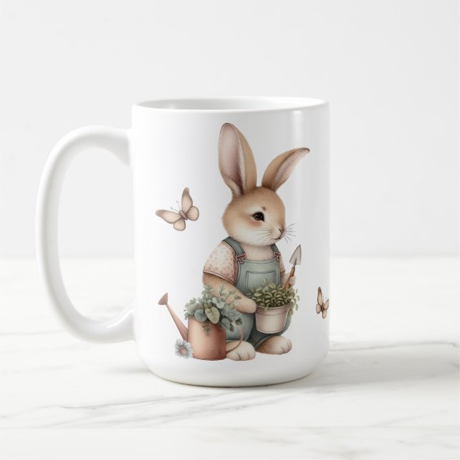 Brown Garden Bunny in Overalls Coffee Mug (Left)
