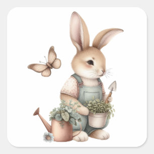 Brown Garden Bunny in Overalls Square Sticker