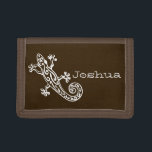 Brown gecko white stylised named wallet<br><div class="desc">Encourage saving with this reptile gecko stylised wallet or purse,  personalise with your name. Currently reads Joshua. Uniquely drawn and designed by Sarah Trett.</div>