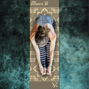 Brown Geometric Flowers Pattern Om Symbol Yoga Mat