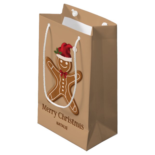 Brown Gingerbread Christmas Cookie With Text Small Gift Bag (Front Angled)
