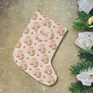 Brown Gingerbread House Pink Cookies Pattern Large Christmas Stocking