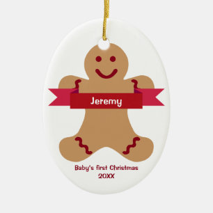 Brown gingerbread kid red banner name baby first ceramic tree decoration
