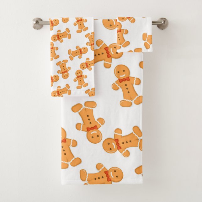Brown gingerbread man on white bath towel set (Insitu)