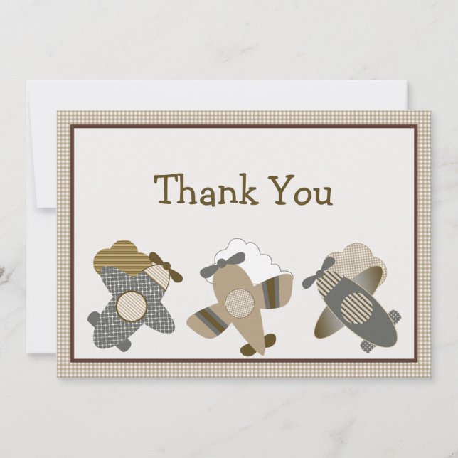 Brown Gingham Aeroplanes Thank You Card (Front)