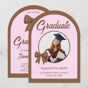 Brown Gingham Bow Arch Photo Graduation Party Invitation