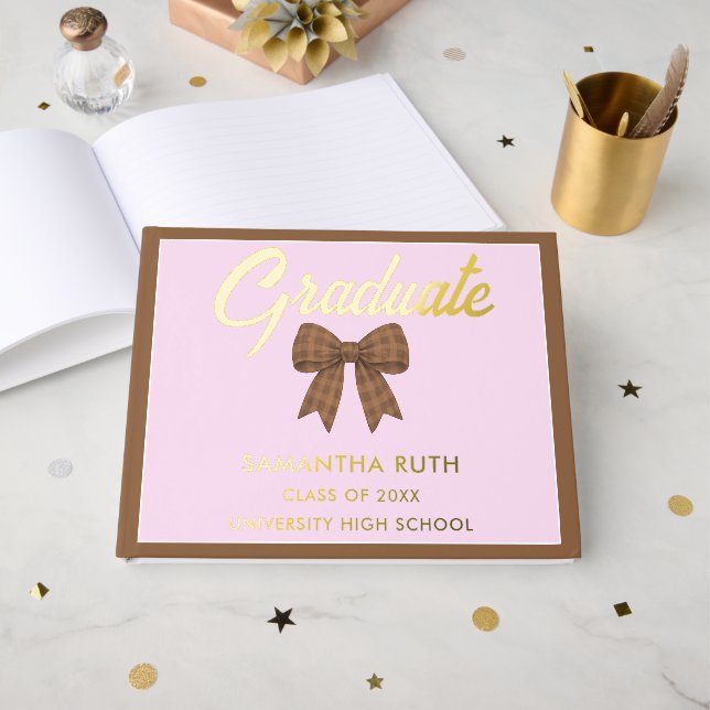 Brown Gingham Bow Graduation Party Guest Book (Front Open)