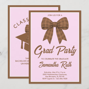 Brown Gingham Bow Graduation Party Invitation