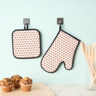 Brown gingham bow pattern oven mitt & pot holder set