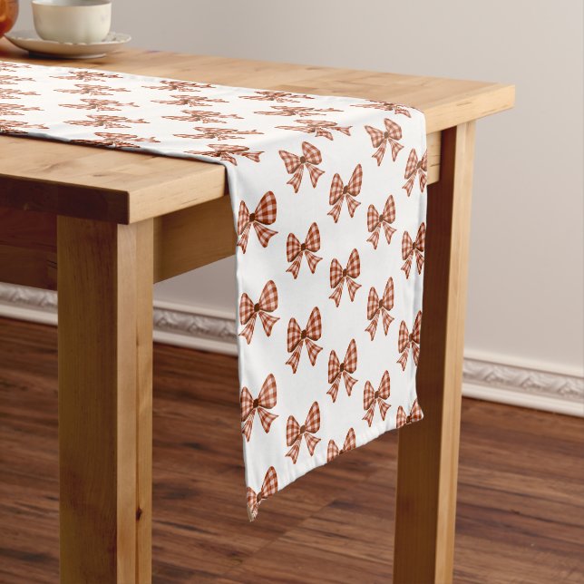 Brown gingham bow pattern short table runner (In Situ)