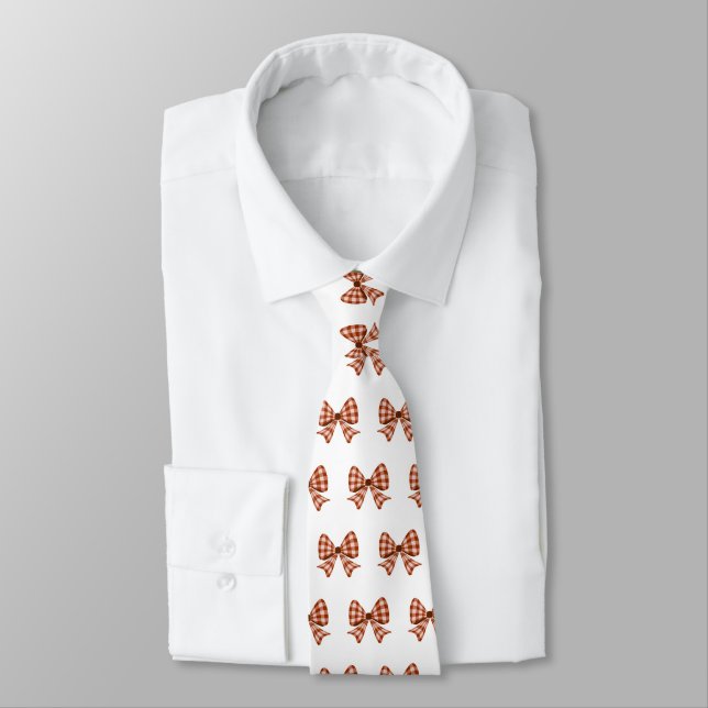 Brown gingham bow pattern tie (Tied)