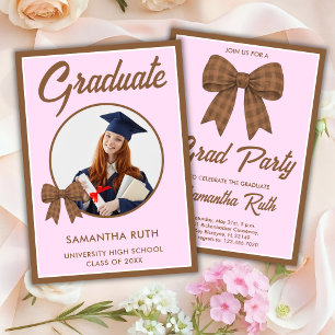 Brown Gingham Bow Photo Graduation Party Invitation