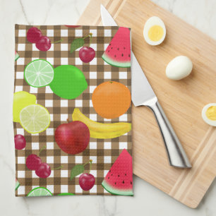 Brown Gingham Check with Fruit Pattern Tea Towel