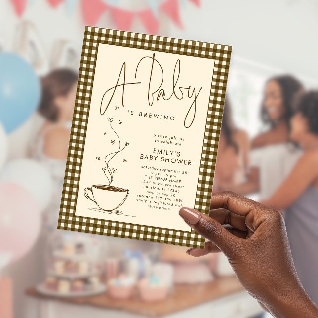 Brown Gingham Coffee Baby is Brewing Shower  Acrylic Invitations (Acrylic invitation)