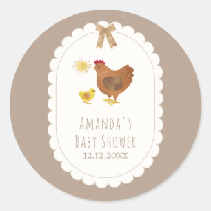 Brown Gingham Cottagecore Hen Chick Baby Shower Classic Round Sticker
