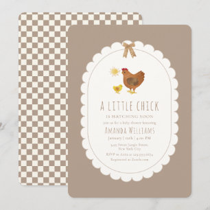 Brown Gingham Cottagecore Hen Chick Baby Shower Invitation