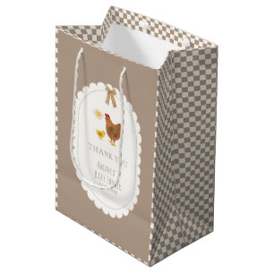 Brown Gingham Cottagecore Hen Chick Baby Shower  Medium Gift Bag