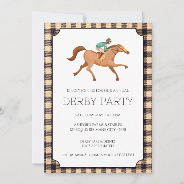 Brown Gingham Derby Party Invitation (Front)