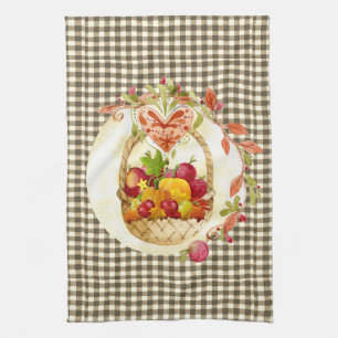 Brown Gingham Fall Harvest Basket Tea Towel