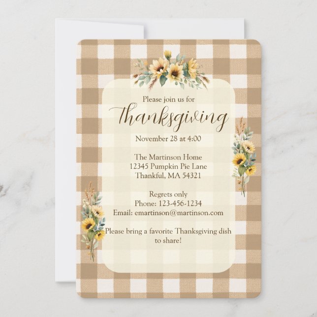 Brown Gingham Fall Sunflowers Thanksgiving Invitation (Front)