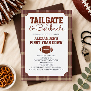 Brown Gingham Football Tailgate 1st Birthday Party Invitation