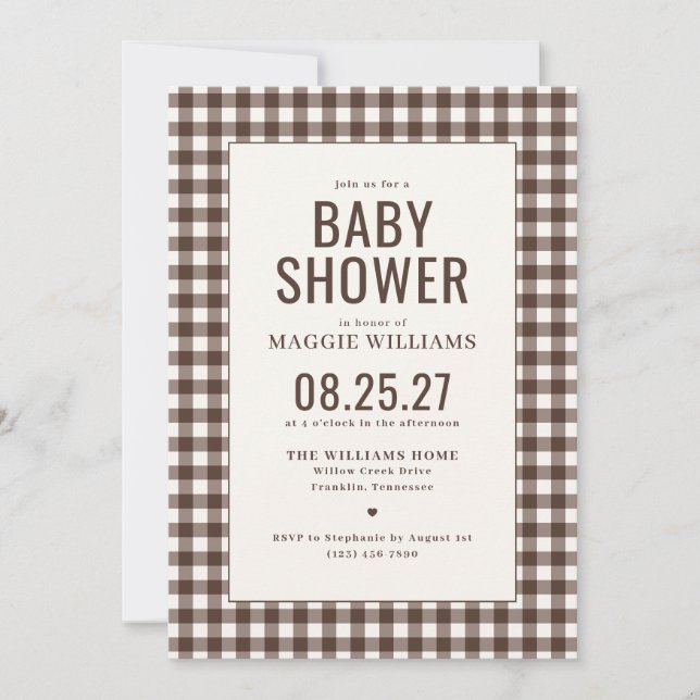 Brown Gingham Gender Neutral Baby Shower Invitation (Front)