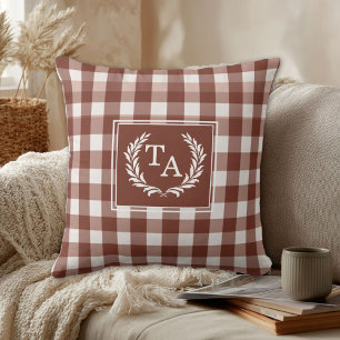 Brown Gingham Monogram Crest Cushion