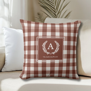 Brown Gingham Monogram Crest Cushion