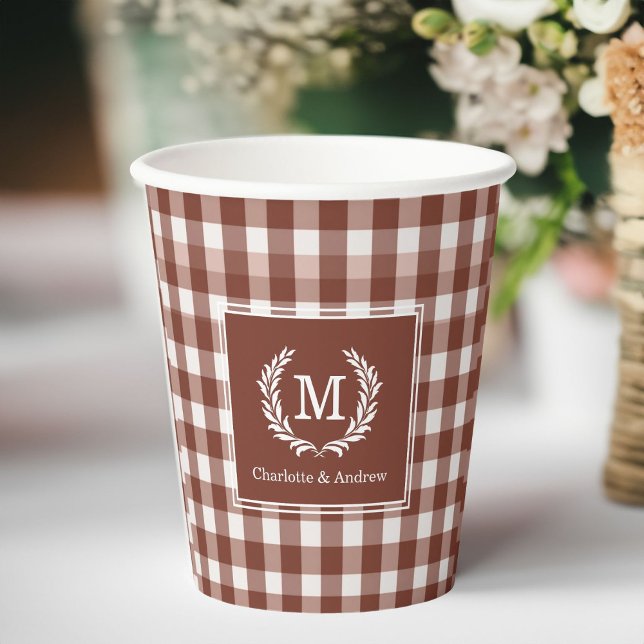 Brown Gingham Monogram Crest Custom Paper Cups (Brown Gingham Monogram Crest Custom Paper Cups)