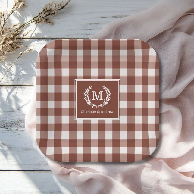 Brown Gingham Monogram Crest Custom Paper Plate (Brown Gingham Monogram Crest Custom Paper Plates with your Monogram and Names.)