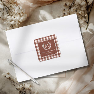 Brown Gingham Monogram Crest Custom Square Sticker