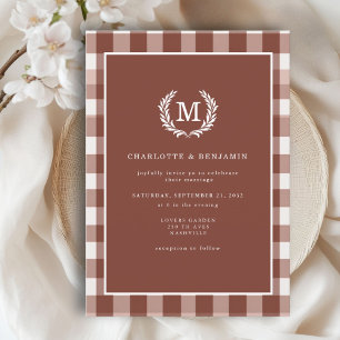 Brown Gingham Monogram Crest Invitation