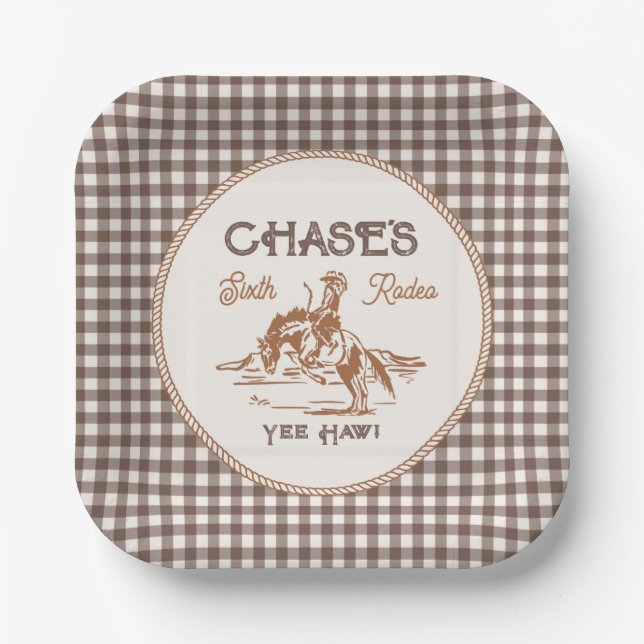 Brown Gingham Rodeo Party Paper Plates (Front)