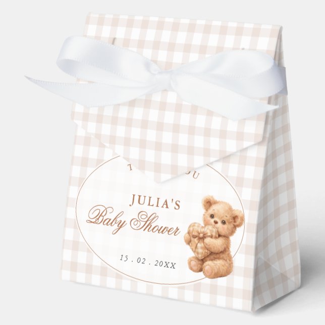 Brown Gingham Teddy Bear Neutral Baby Shower Paper Favour Box (Front)