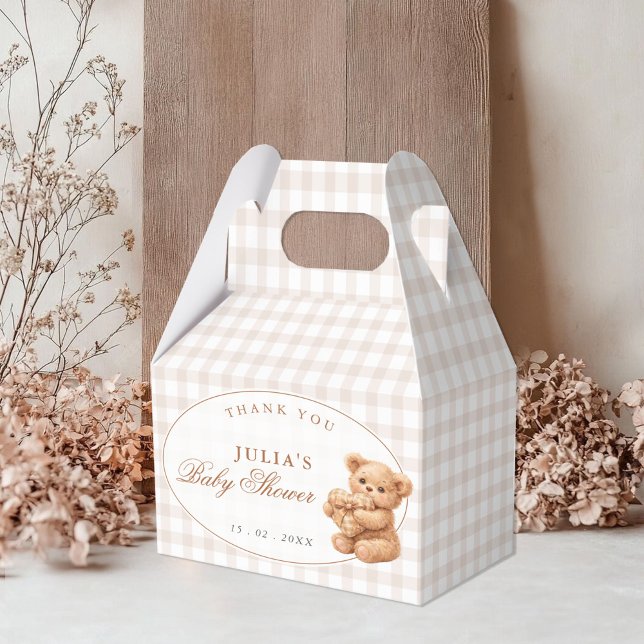 Brown Gingham Teddy Bear Neutral Baby Shower Paper Favour Box (Creator Uploaded)