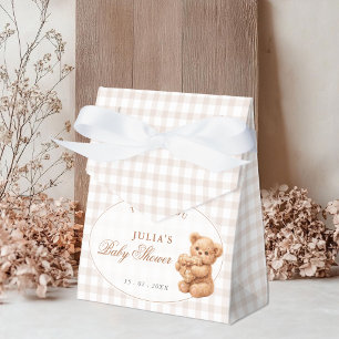 Brown Gingham Teddy Bear Neutral Baby Shower Paper Favour Box