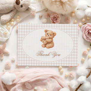 Brown Gingham Teddy Bear Neutral Baby Shower Paper Invitation