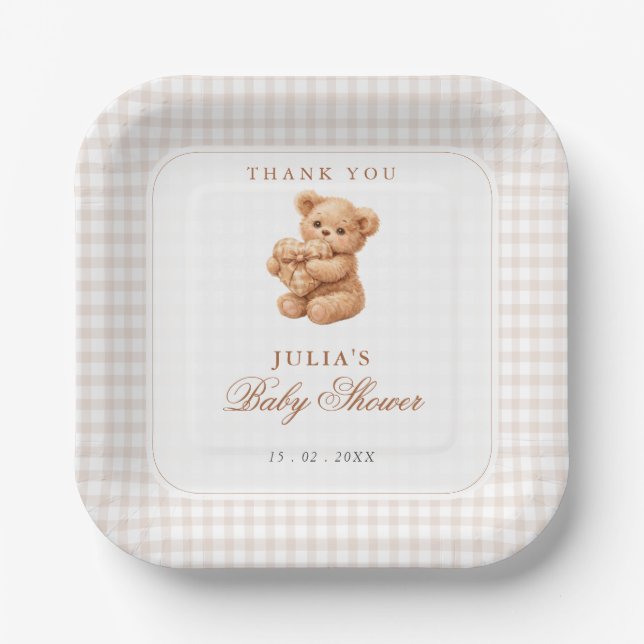 Brown Gingham Teddy Bear Neutral Baby Shower Paper Plate (Front)