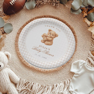 Brown Gingham Teddy Bear Neutral Baby Shower Paper Plate