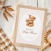 Brown Gingham Teddy Bear Neutral Baby Shower Paper