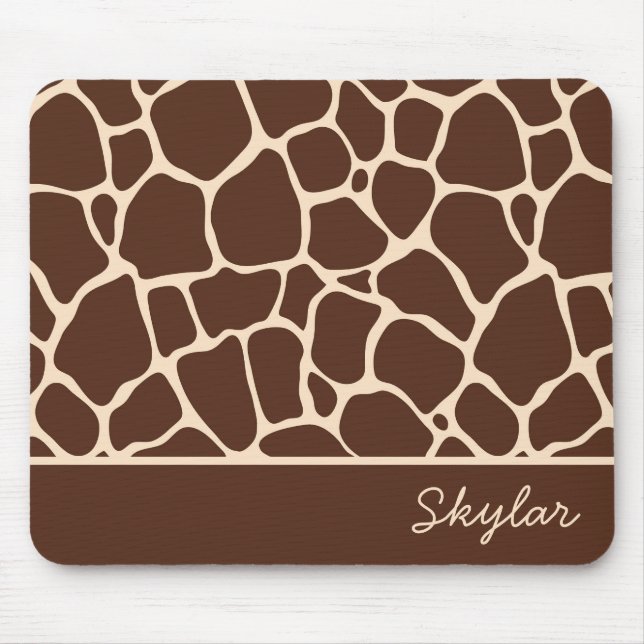 Brown Giraffe Animal Print Custom Cursive Name Mouse Pad (Front)