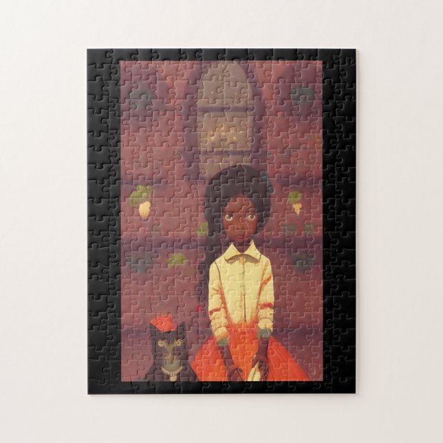 Brown girl and cat robots orange skirt jigsaw puzzle (Vertical)