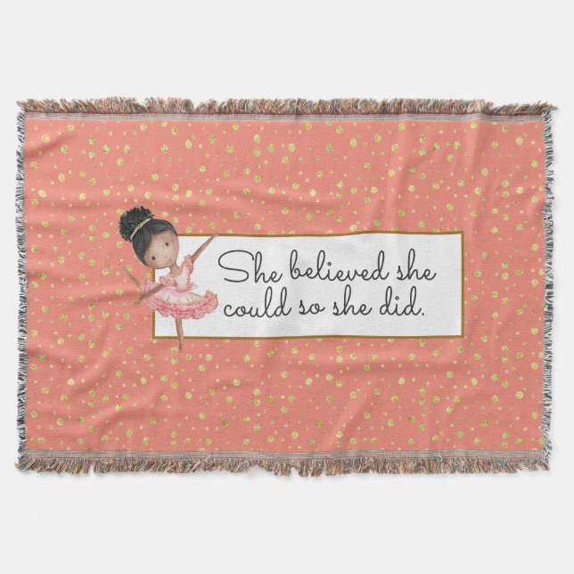 Brown Girl Ballerina with Believe Quote Throw Blanket (Front)