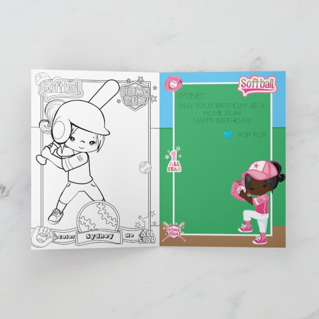 Brown Girls Softball Colouring Page Happy Birthday Card (Inside)