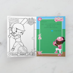 Brown Girls Softball Colouring Page Happy Birthday Card