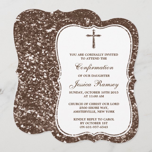 Brown Glitter Cross Holy Communion Confirmation Invitation (Front/Back)
